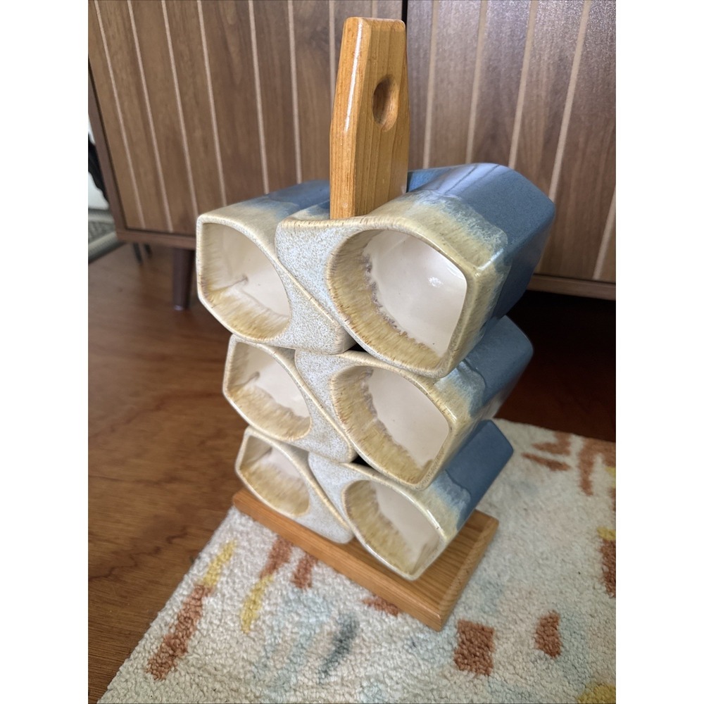 Padilla Style Set Of 6 Drip Glazed Blue Cream Mugs With Wooden Mug Tree